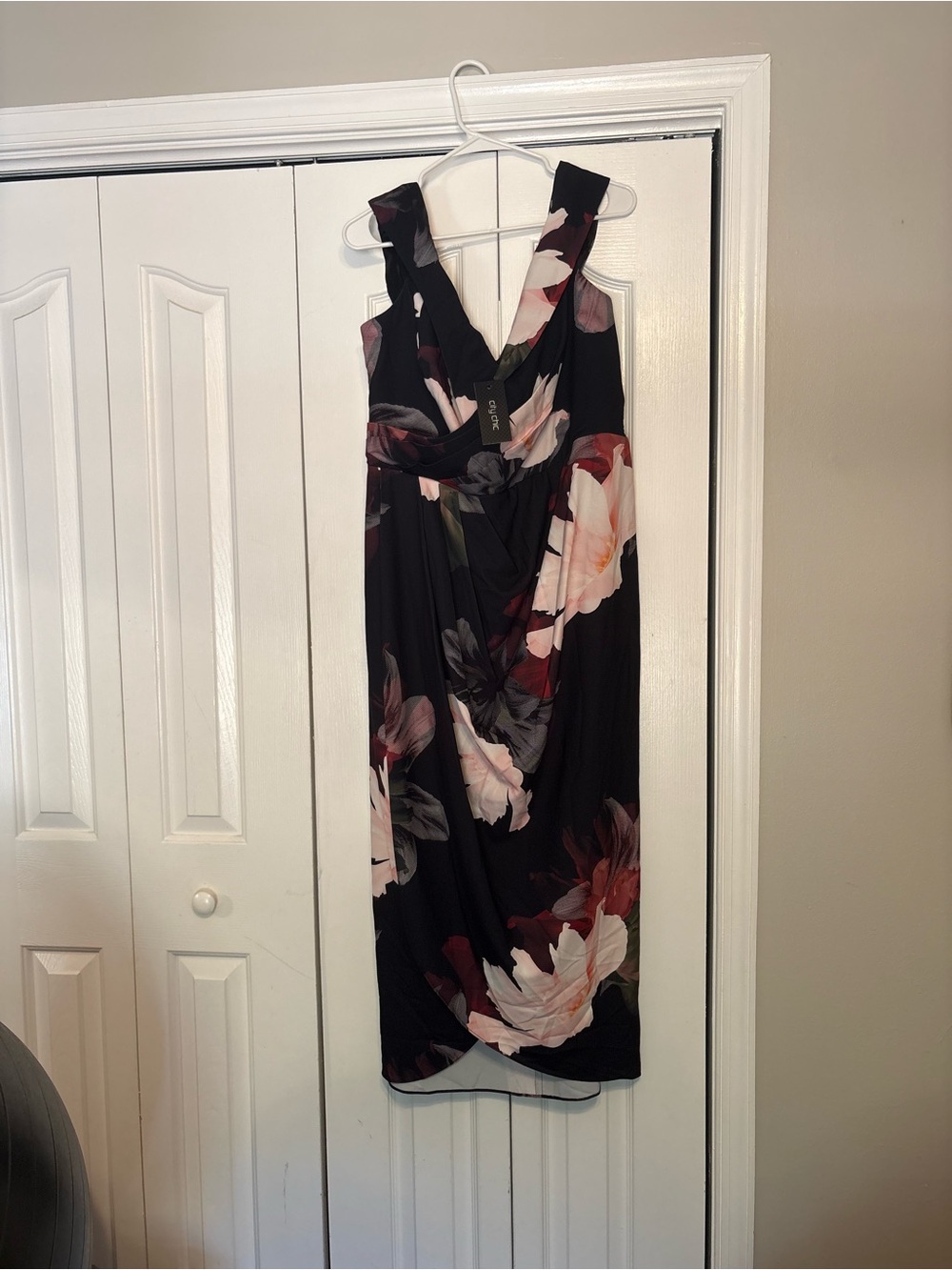 City Chic Black Midi Dress with Pink & Red Floral Print